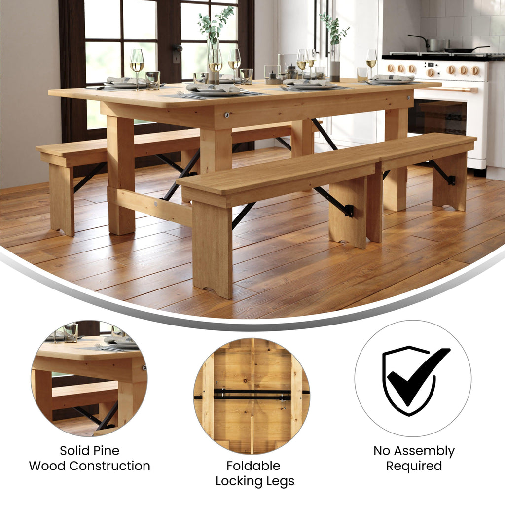 FLASH HERCULES Series 7' x 40" Rectangular Solid Pine Folding Farm Table